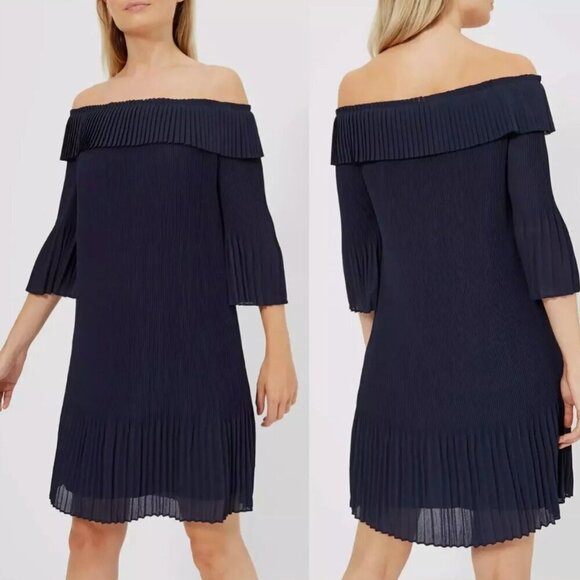 Ted Baker Blue Dress Pleated Mini Off-Shoulder Bardot Chiffon Look 4 - Picture 1 of 13